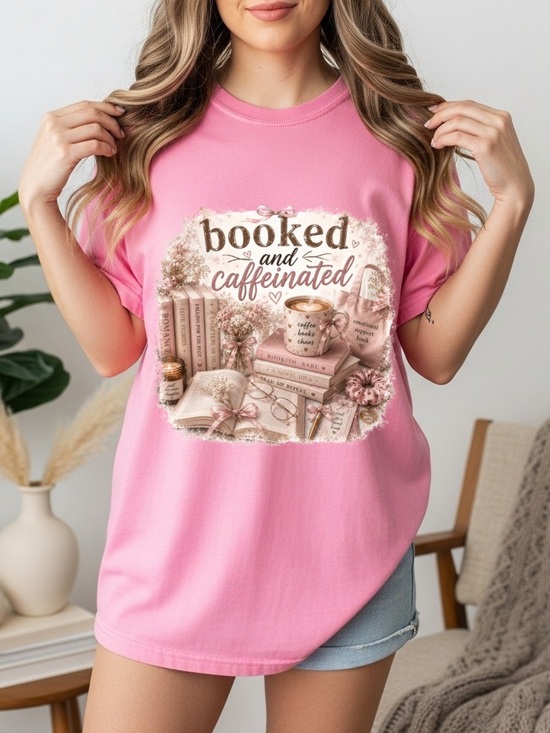 Comfort Colors Tops - Comfort Colors Pink "Booked and Caffeinated" Graphic Tee